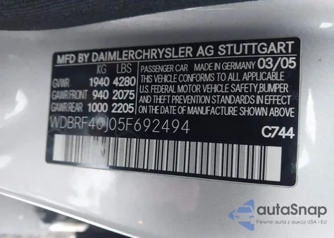 2005 Mercedes-Benz C 230 Kompressor Sport z USA, uszkodzony, nr VIN WDBRF40J05F692494